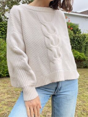 J. Crew Cream Cable Knit Crewneck Sweater Boxy Wool Chunky Crop